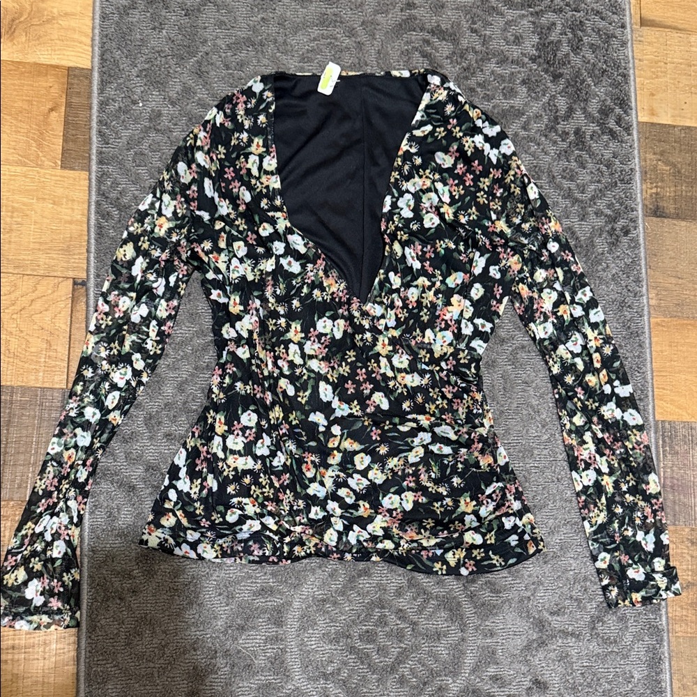 Floral Wrap V-Neck Long Sleeve Top - Black Pink Floral